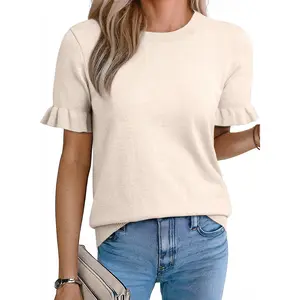 EVALESS Women's Plain Wool Blend Knit T Shirts Tops Crew Neck Short Puff Sleeve Casual Basic Texture Sweater Shirts 2026 Trendy Womenswear Summer Outfits