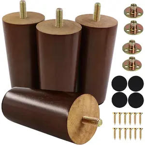 4 Inches Round Solid Wood Furniture Legs Set of 4, Brown Wooden Replacement Feet with Threaded 5/16'' Hanger Bolts for Sofa, Couch, Armchair, Cabinet, TV Stand, Ottoman and Dresser