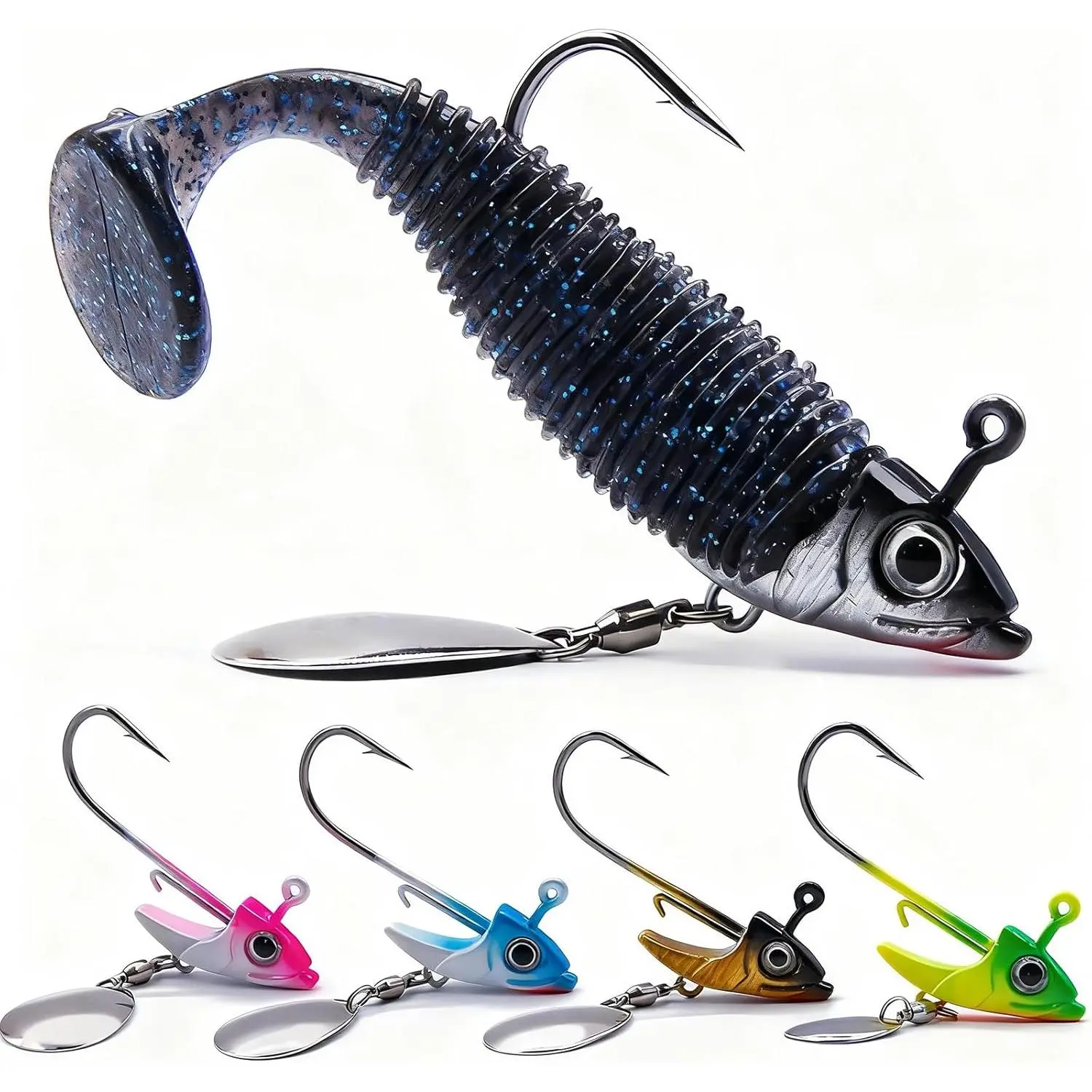 Underspin Jig Heads Hooks - 1/4 oz,3/8 oz,1/2 oz Swimbait Jig  with Spinner  for Fishing Saltwater Freshwater 5 count