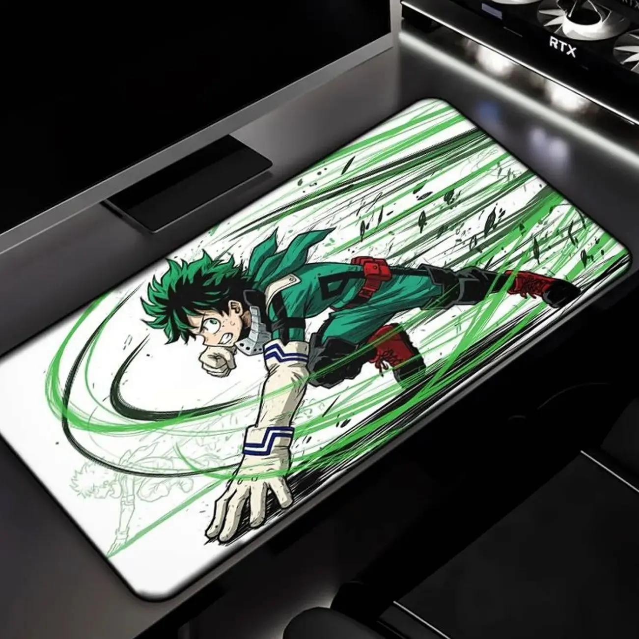 Green Action Anime Character Desk Mat, Large Gaming Mousepad