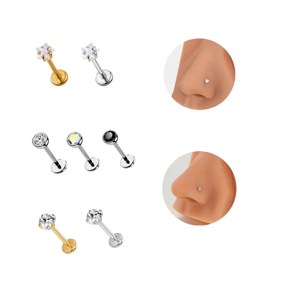 20G Implant Grade Titanium Push Pin Flat Back Nose Stud Helix Cartilage Piercing Jewelry Threadless Easy Insertion 0.8mm Bar 7mm Length