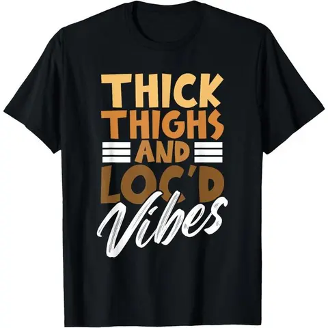 Women's Casual Fashion All-Over Print Polyester Short-Sleeve Fitted Streetwear T-Shirt, Vintage Whimsical Cartoon Art, Thick Thighs & Loc'd Vibes Graphic, Funny Gifts for Everyday Wear