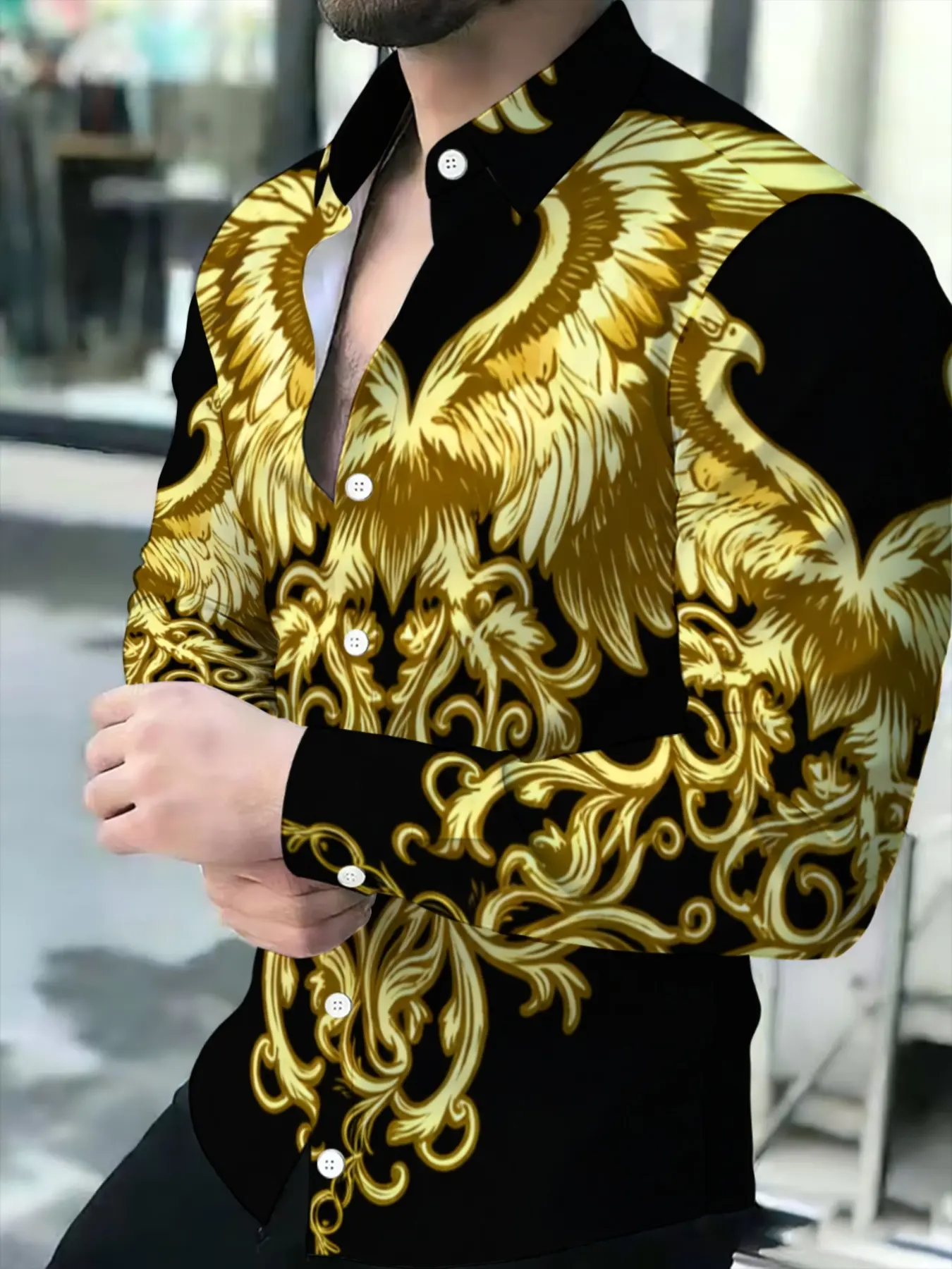Summer Men's Black Gold Phoenix Baroque Print Casual Collared Long Sleeve Shirt Top Menswear Casual Printed Menswear