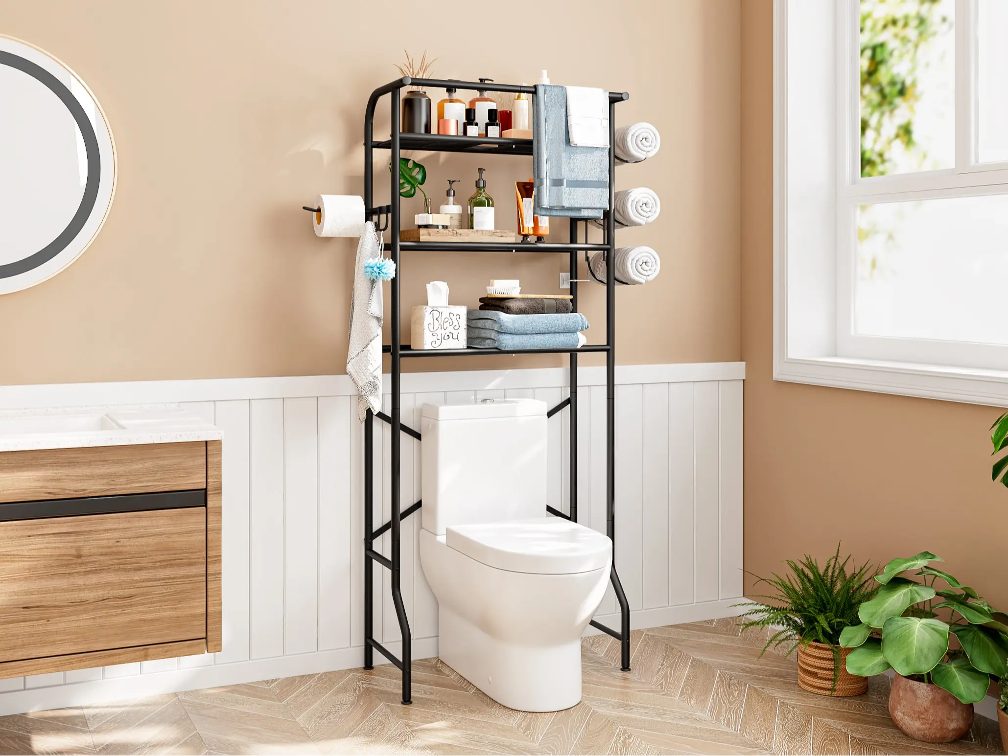 LINZINAR 3-Tier Over-the-Toilet Storage Cabinet with Built-In Toilet Paper Holder – Spacious Metal Bathroom Organizer, Ultimate Space-Saving Rack for Clutter-Free Bathrooms! Maximize Every Inch of Your Restroom with Sturdy summerwins