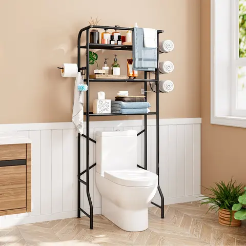 LINZINAR 3-Tier Rectangle Over-the-Toilet Storage Cabinet with Built-In Toilet Paper Holder - Sturdy Metal Bathroom Organizer Supplies, Stable X-Frame, 5-Level Open Shelf, Space Saver, Easy Assembly with Guide, Balcony Casual Home Rack,home decor