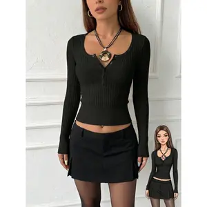 baby top baddie girl Casual Rib-Knit Long Sleeve Scoop Neck Top halter top With Button Front Details High Stretch Regular Length Knitwear