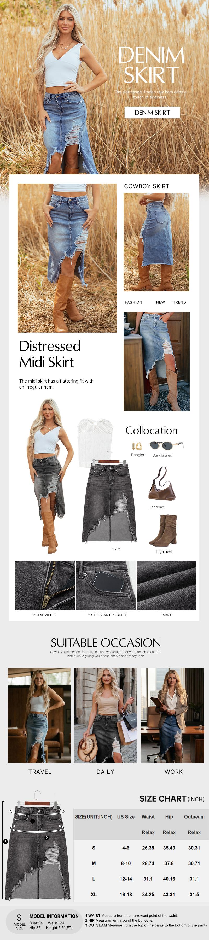 Asvivid Women's Trendy Asymmetrical Ripped Slit Denim Midi Skirt Frayed Raw Hem Western Jean Skirts Irregular Distressed Bottom