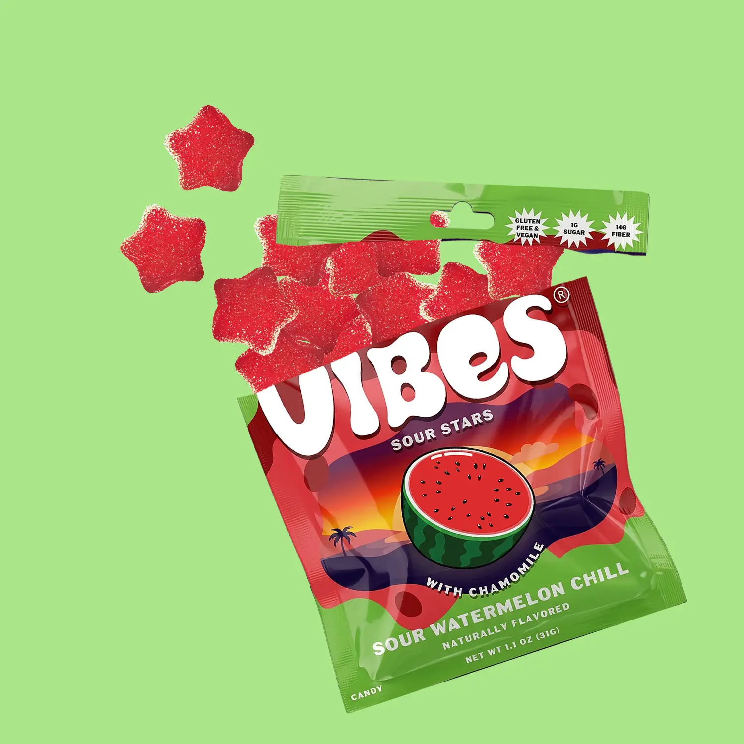 Vibes Candy Sour Watermelon Chill Fruity Stars | 6-Pack Gummy Candy | Sweet, Sour, Chewy Snack | Vegan, Gluten-Free, Low Sugar, High Fiber