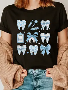 100% Cotton Unisex Coquette Bow Cute Teeth Dentist Squad Dental Assistant T-Shirt Graphic Printed Casual Round Neck T shirt