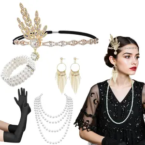 7 Pieces 1920s Flapper Great Gatsby Accessories Set, Roaring 20's Theme Set with Headband Headpiece Long Black Gloves Necklace Earrings for Women
