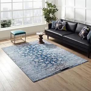 Modway Chiara Distressed Floral Lattice Contemporary 8x10 Area Rug in Moroccan Blue