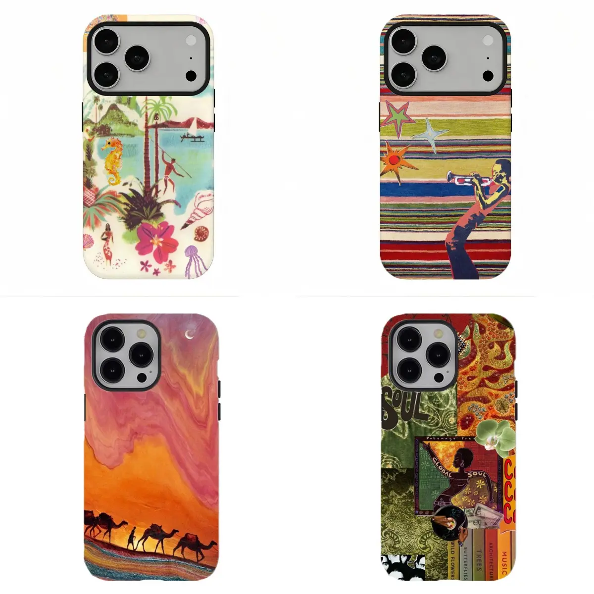 Bohemian Maximalist Tropical Collage Cellphone Casing - Custom Retro Hippie Desert Soul Music Art, Shock-Proof PC+TPU Layer Protector, Vibrant Ethnic Accessory for Handheld Devices (iPhone 17 Pro Max/16-11, Samsung S26-S21), Unique Gift for Her