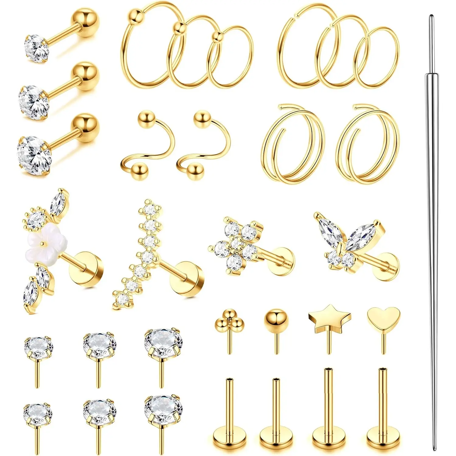 CASSIECA Hypoallergenic 16-20G Surgical Steel Dainty Body Jewelry Set – Threadless Flat Back Earrings for Women, Push-In Nose Studs, Lip Labret, Nose Piercings, Ear Piercings Kit, Daith, Conch, Helix, Cartilage Hoops