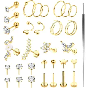 CASSIECA Hypoallergenic Cartilage Earrings Stud Hoop for Women 16-20G Surgical Steel Tragus Earrings Push in Nose Studs Threadless Flat Back Earrings Lip Labret Daith Conch Helix Piercing Jewelry