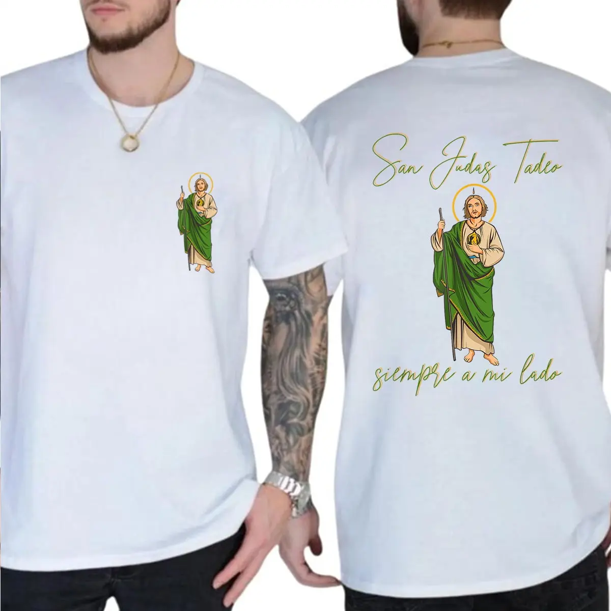 San Judas Tadeo T-Shirt – Double-Sided Catholic Saint Tee, Siempre a Mi Lado Religious Graphic Shirt, Christian Faith Apparel Gift