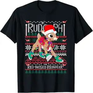 Funny Cute Rudolph The Red Nosed Reindeer Christmas tree T-Shirt, 100% Cotton, Single Side Printed, Black Short Sleeve T-shirt, 1 pc, Christmas Halloween Thanksgiving Gift