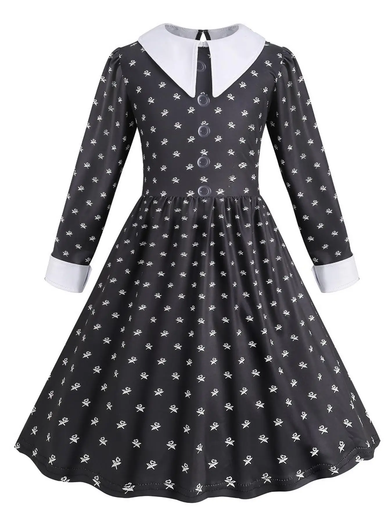 Girls Ditsy Floral Print Long Sleeve Collar Dress, Elegant Fashion Casual Button Decor A Line Dress for Daily Outdoor Wear, Girls Costumes for All Sea