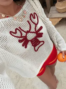 Women's Colorblock Vacation Style Lace Top, Lazy Lobster Pattern Knit Pullover, Casual Summer Outerwear