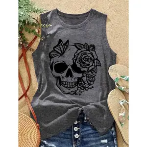 Gothic Skull Rose Butterfly Print Tank Top | Casual Infashule Crew Neck, Medium Stretch Fabric, Sleeveless, Ideal For Spring/Summer, Perfect For Home Lounge, Outings, Gifts For New Year'S, Valentine'S Day, And More
