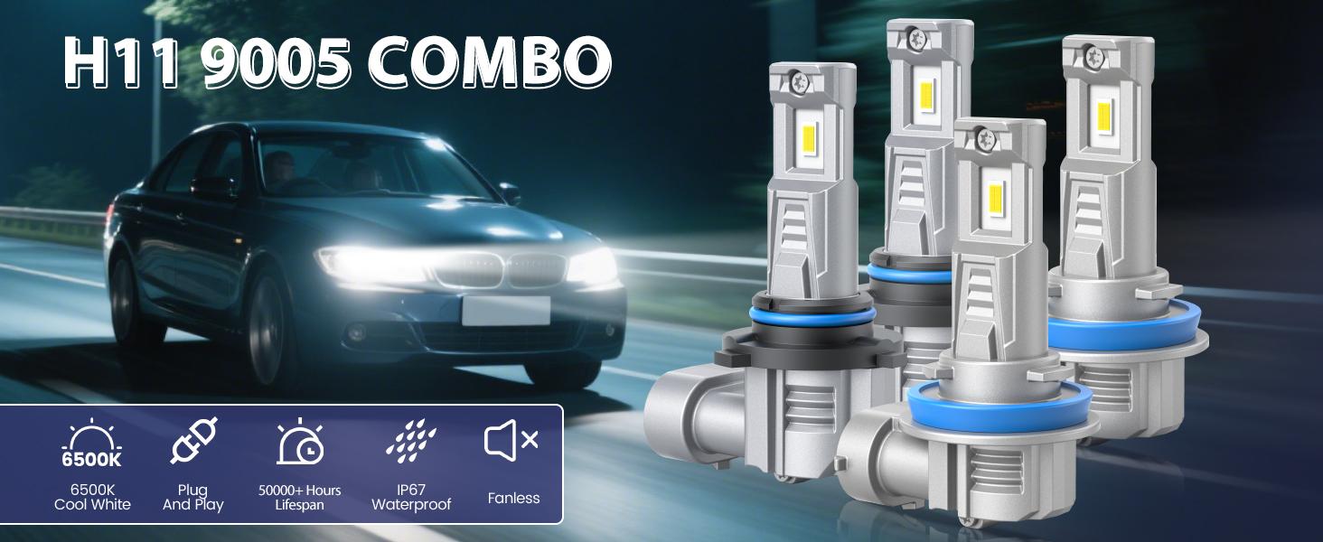 9005 H11 Light Bulbs Combo, 60000LM Super Bright 6500K Cool White, Fanless 1:1 Mini Size, Pack of 4 9005 H11 Light Bulbs Combo, 60000LM Super Bright 6500K Cool White, Fanless 1:1 Mini Size, Pack of 4