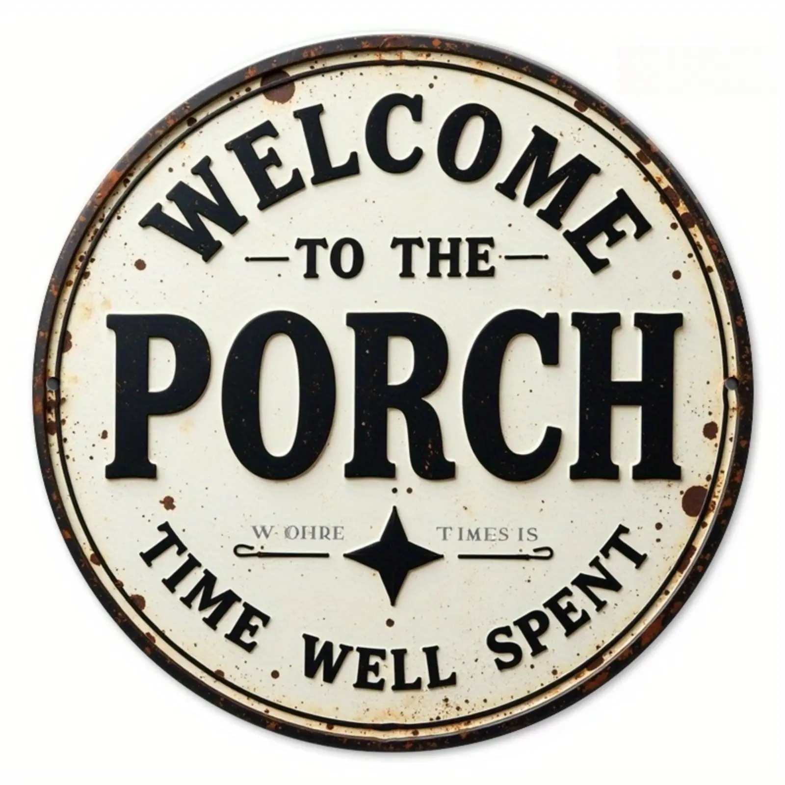 Rustic Farmhouse Round Metal Wall Plaque - 7.8 in White & Black Aluminum Sign, Waterproof, Durable, "Welcome to the Porch - Time Well Spent", Porch Decor, Ideal Gift for Loved Ones, Round Shape, Bars, Wall Metal Plaque, Rustic Farmhouse Design