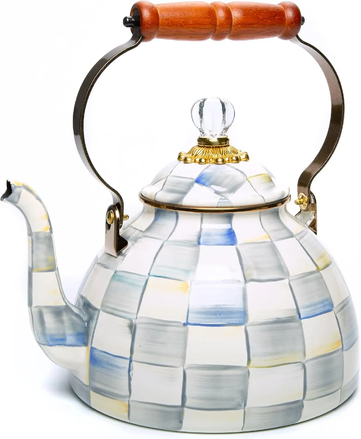 3-Qt Enamel Stovetop Tea Kettle, Grey-and-White Sterling Check Stylish Kitchen Drinkware Kettle