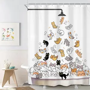 Cat-Themed Shower Curtain — A Cute and Fun Fabric Shower Curtain for Cat Lovers, Featuring Whimsical Cartoon Animal Patterns. Suitable for Bathrooms and Bathtubs; Made from Waterproof Polyester Material.