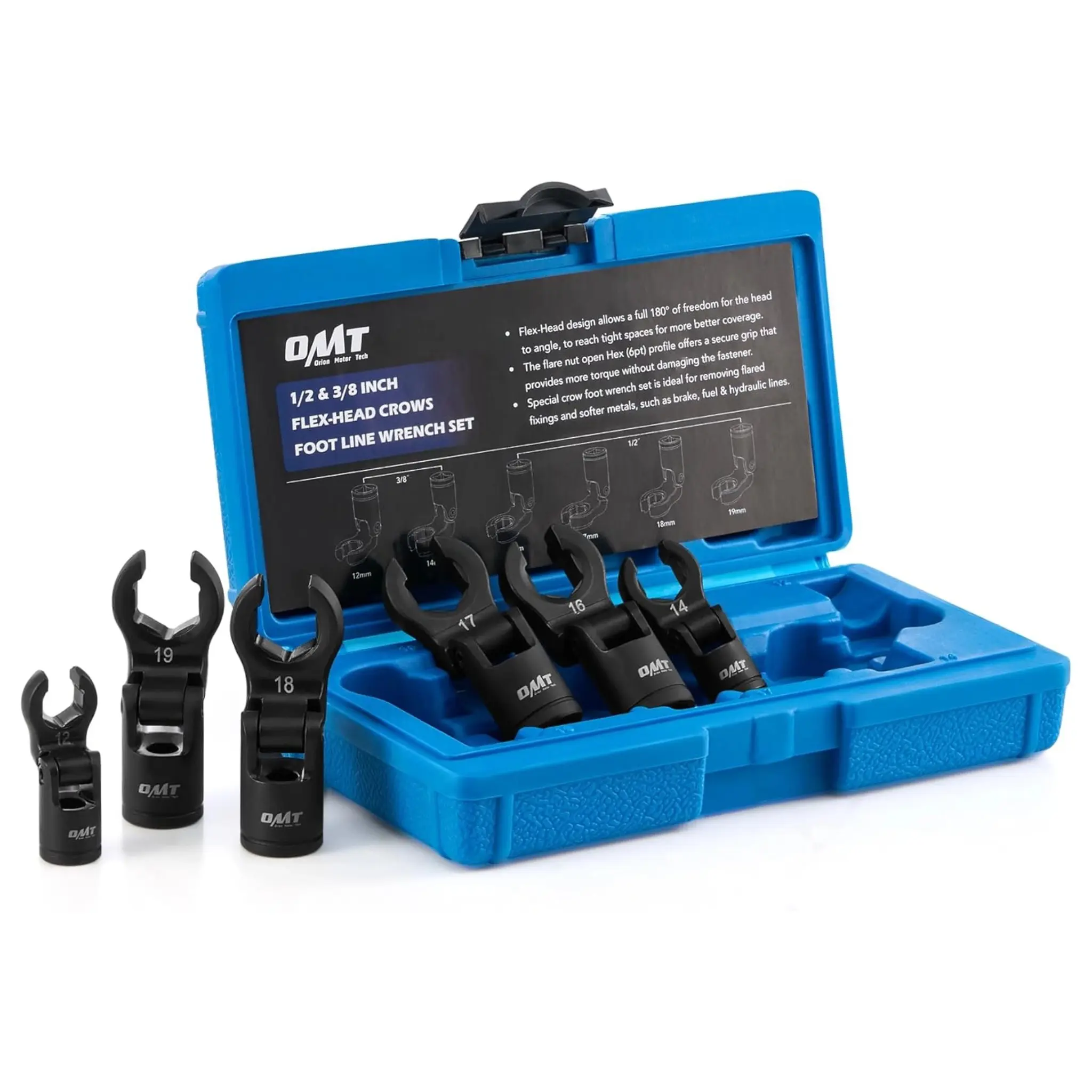 Orion Motor Tech Crows Foot Wrench Set, 6pc Flex Head Crows Foot Line Wrench Set with 1/2" & 3/8" Drive, Metric Crowfoot Wrenches for 12 14 16 17 18 19 mm Nuts with 180° Flexible Head Storage Case, Limited Time Deal