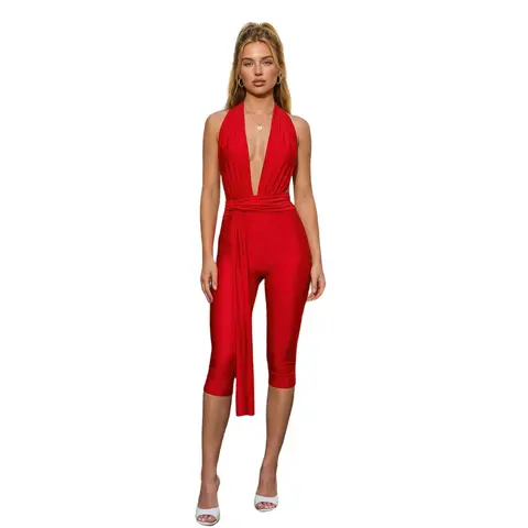 Women's Polyester-Blend Elastane Bodycon Sheer Jumpsuit Romper Overalls - Sleeveless Deep V Halter Neck, Open Back, Solid Color, Breathable, Streetwear Clothing, Club Clothes, Nightwear Going Out Outfit, Standard Sizes, Hand Wash Only