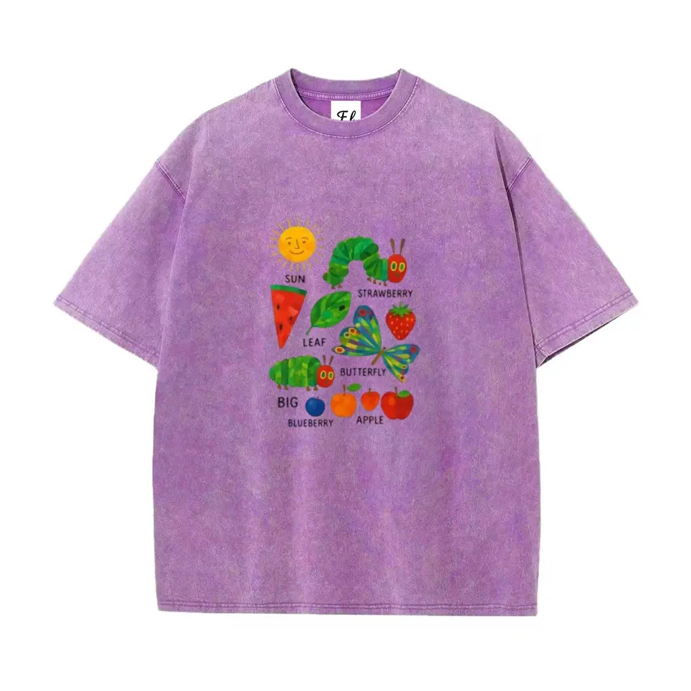Hungry Caterpillar Teacher Shirt - Retro Washed Aesthetic Mommy Tee, Summer Loose Fit Cotton Graphic T-Shirt, Cute Educational Illustration Top for Women