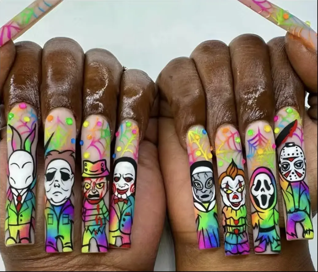 Horror Character Press On Nails – 24PCS Long Square Halloween Fake Nails with Neon Graffiti Design, Glossy Reusable Acrylic Nails, Full Cover Stick-On Nails for Women, Cosplay, Parties & Everyday Wear