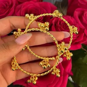 Adjustable Gold Ghungru Kashmiri Bangles - Elegant Twist Design with Bell Charms for Women's Jewelry