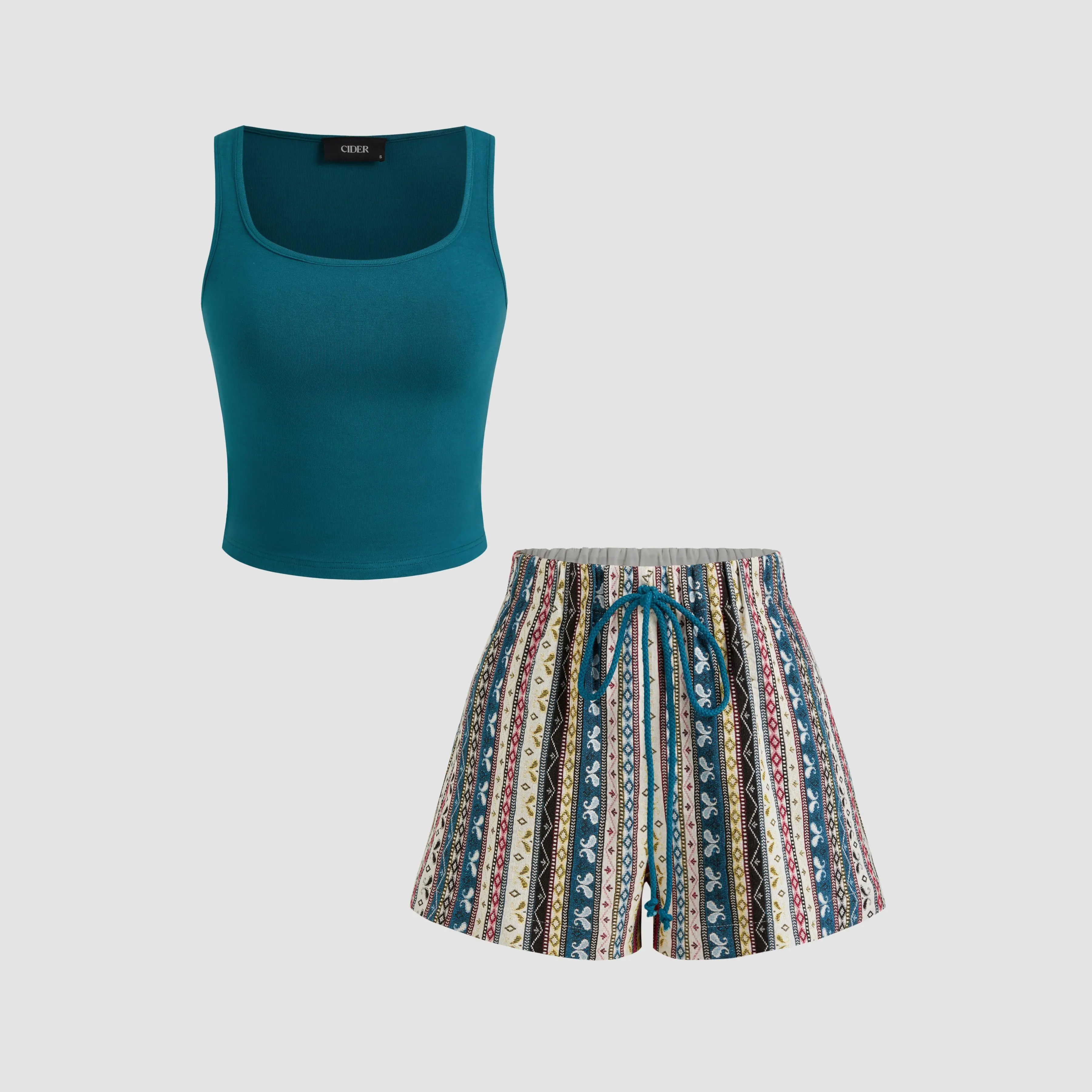 Cider [2 colors, size 2-26] Square Neck Solid Crop Tank Top With Mid Rise Aztec Knotted Pocket Shorts