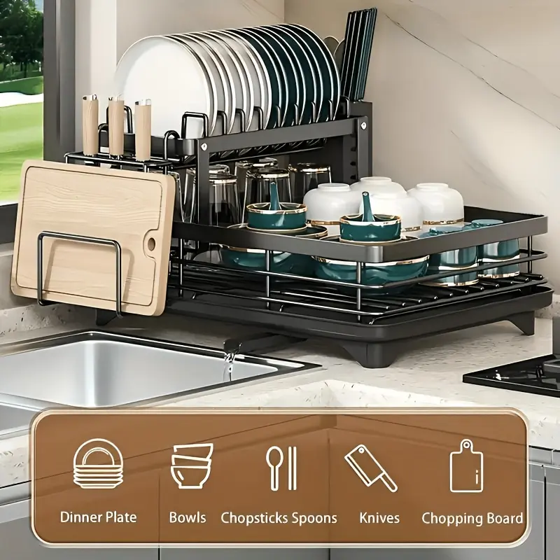 This Double-Layer Metal Kitchen Countertop Dish Rack Is Space-Saving And Durable. It Comes With A Knife And Fork Holder, Cup Holder, Cutting Board Holder, And Rust-Proof Drain Tray. Kitchen Storage Items Help You Keep Your Kitchen Neat And Organized.