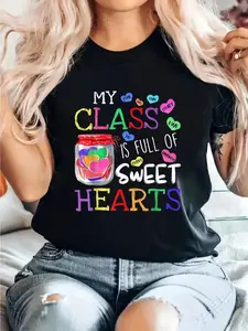 Cotton Women's Soft Casual Teacher T-Shirt - Valentines Day Gift with "My Class is Full of Sweet Hearts" Cute Heart Print, Lightweight Comfortable Short Sleeve Round Neck Top for Events, Outfits