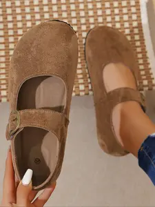 Unisex Suede Slippers with Comfortable Rubber Sole, Round Toe Design, Adjustable Buckle Strap, Spring & Fall Fashion Shoes