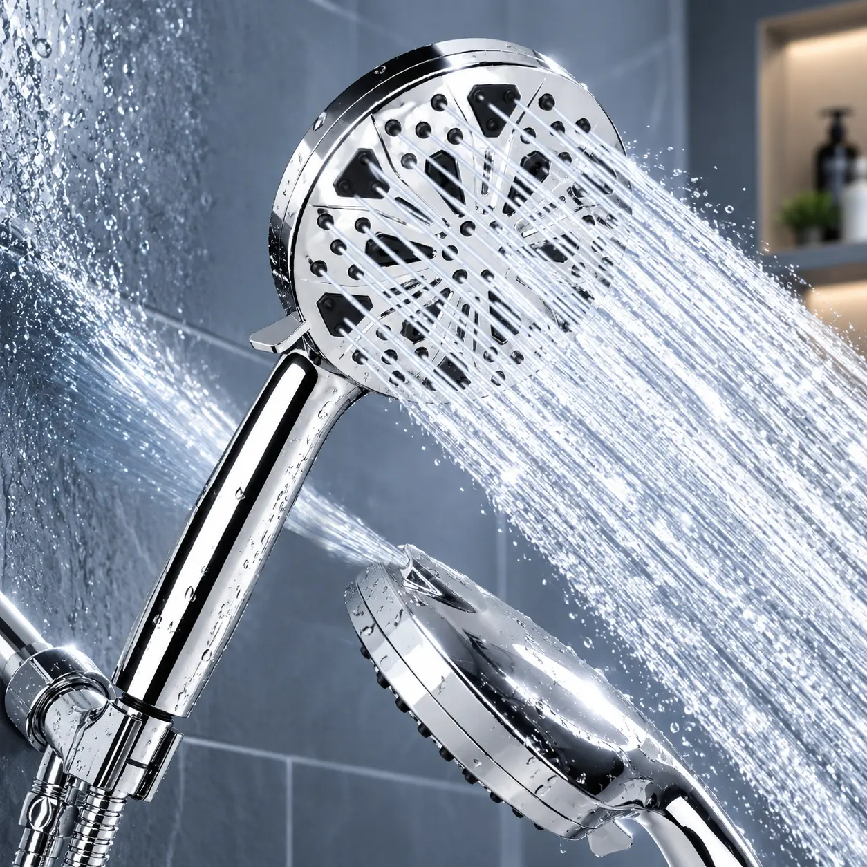 High Pressure Handheld Shower Head 10-Mode with Built-in Power Wash, 5'' Shower Head with 5FT Stainless Steel Hose & Adjustable Bracket, Easy Install, Variable Pressure for Bathroom, Tile, Tub & Pets