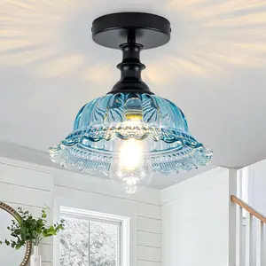 Vintage Ceiling Light Glass Flower Semi Flush，Aesthetic Ceiling Light for Kitchen Island,Dining Room&Bedroom