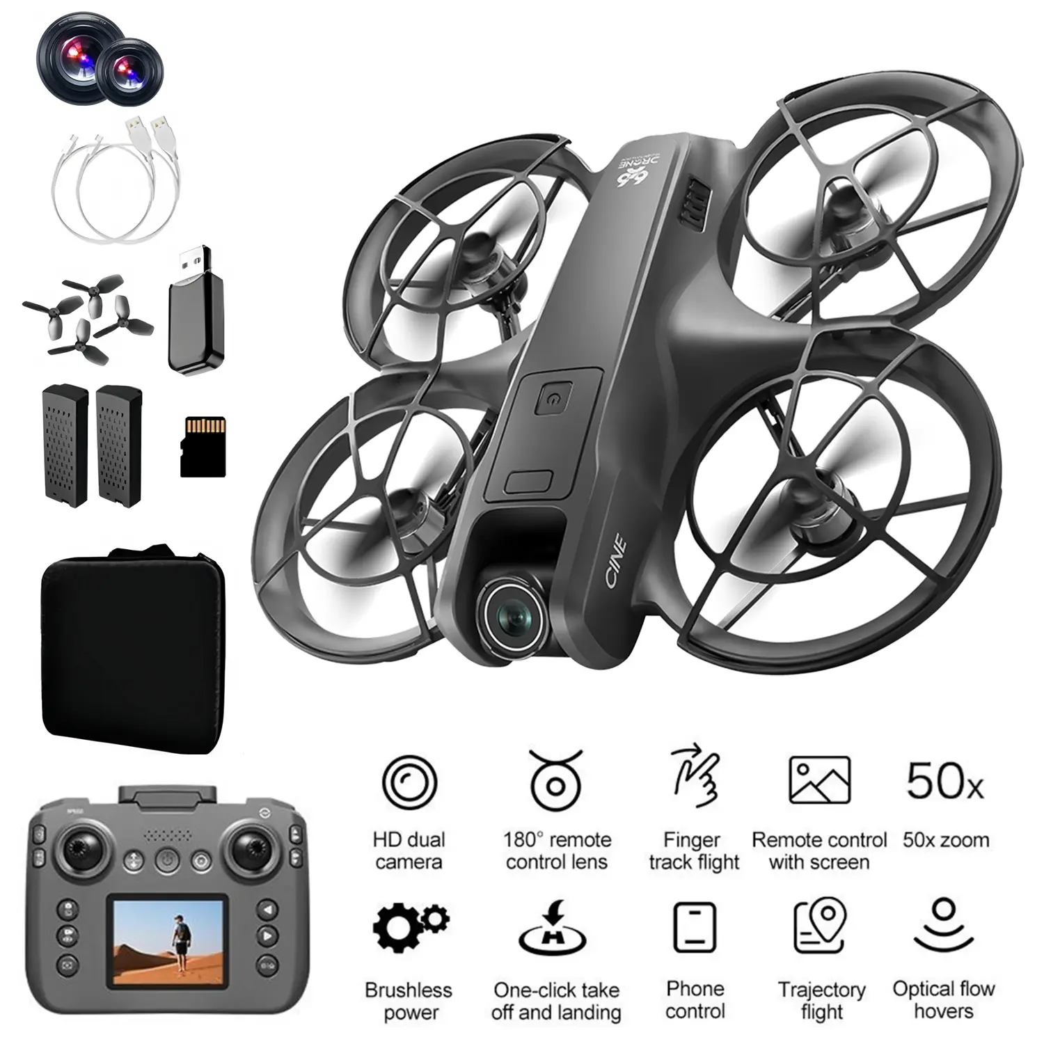 RC Drone with Screen Display Remote Control, HD Dual Camera, Brushless Motor, Propeller Guard, Altitude Hold, One-Key Takeoff/Landing, 360° Flips, APP Control, LED Lights, 3-Speed Modes, Hovering FPV Quadcopter with 2 Batteries for Beginners and Adults