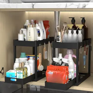 2PC Under Sink Organizer Rack 2 Tier Under Sliding Cabinet Basket Organizer Drawer with 4 Hooks, Multi-purpose Under Sink Storage for Bathroom Kitchen Desktop（Black）
