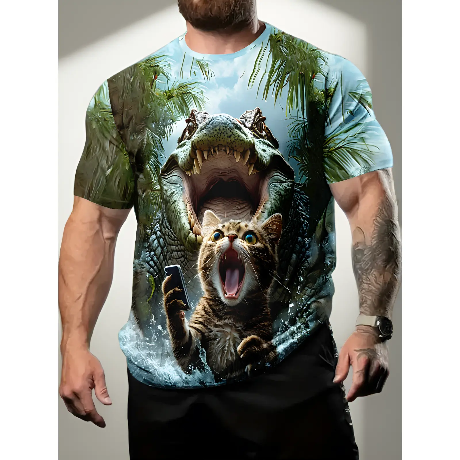 Summer Men'S 3D Digital Print, Wild And Cute: Crocodile Cat Jungle Print T-Shirt, Casual Comfortable Versatile Men'S Round Neck Short Sleeve, Suitable for Daily And Sports Wear, Plus Size