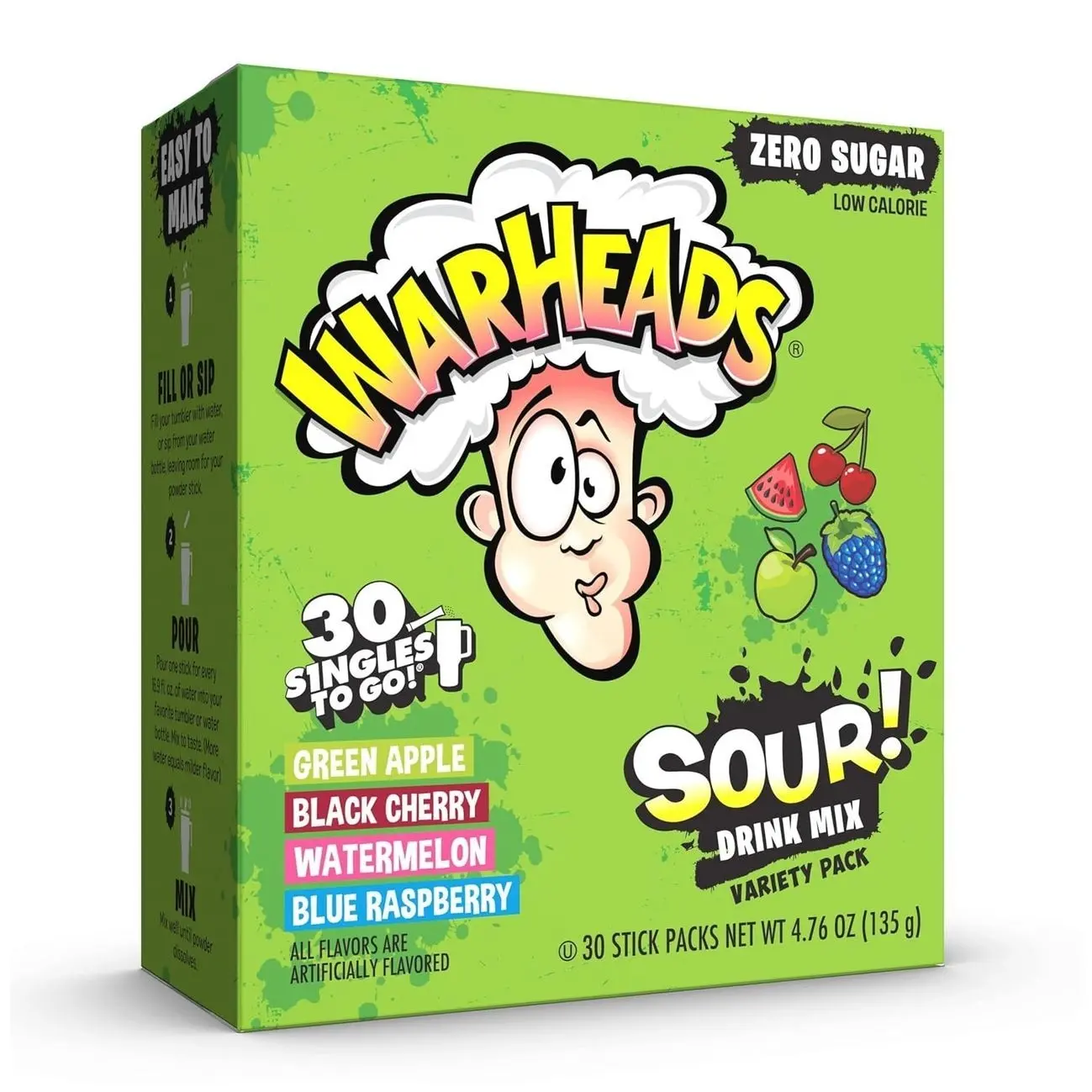 Warheads Singles To Go Sour Drink Mix, 30 Sticks, Variety Pack (Green Apple, Black Cherry, Watermelon, Blue Raspberry), Zero Sugar, Low Calorie