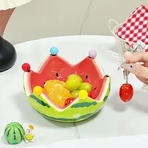 Watermelon Shaped Ceramic Fruit Bowl, Creative Cartoon Snack Bowl with 6 Stainless Steel Fruit Forks, Decorative Serving Bowl for Fruits, Snacks, Home, Dining Room, Party
