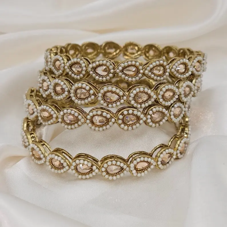 Antique Gold Polki Pearl Bangles Set Gold Plated Indian Bangle Traditional Indian Bridal Jewellery Bangles for Bride