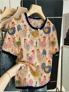 Women's Vintage Farmhouse Style Rooster Animal Print Knit Sweater Tee, Round Neck Short Sleeve, Casual Breathable Pullover for Spring Summer Fall