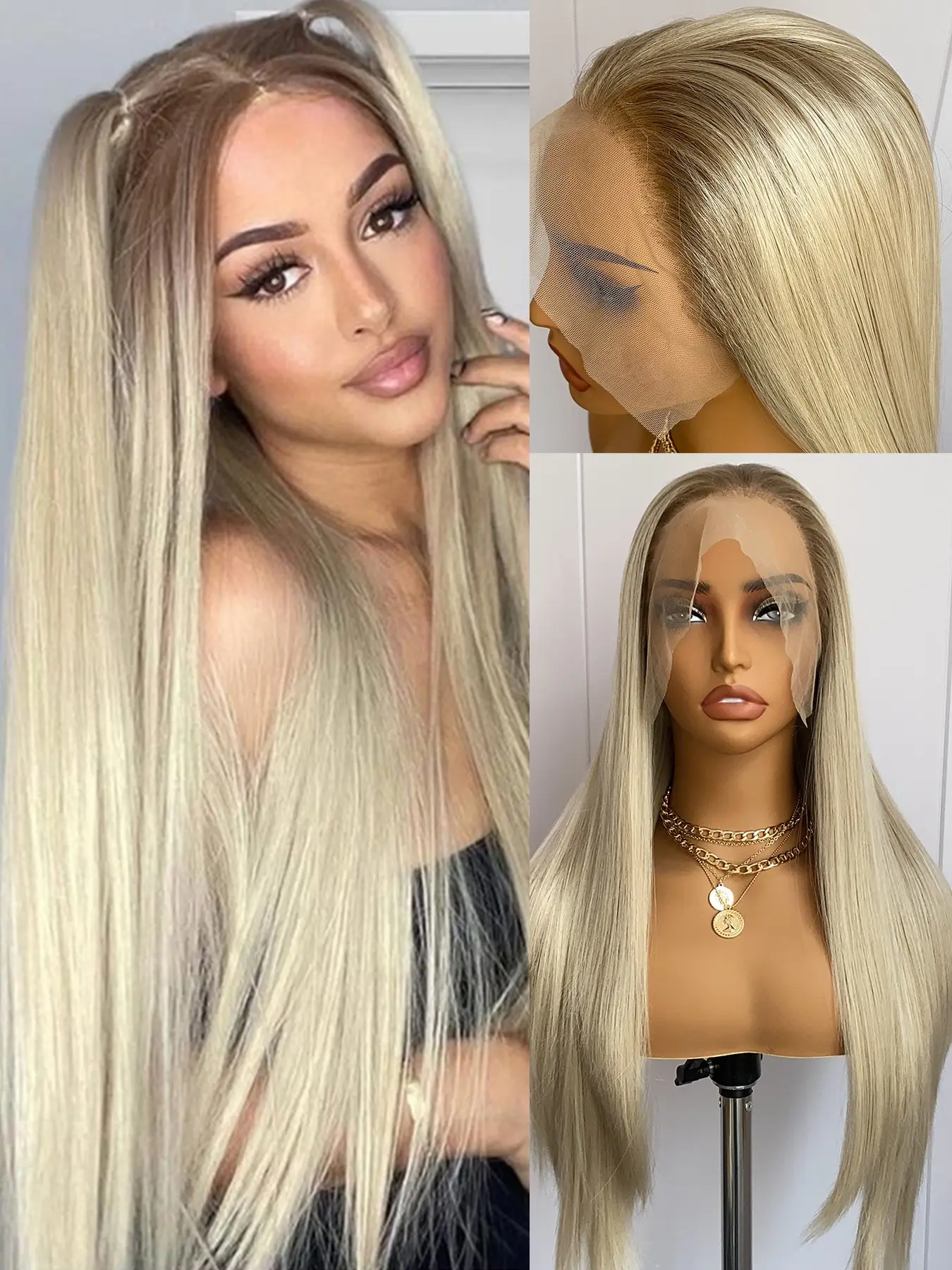 26 Inch Human Hair Wig HD Lace Front Glueless Layered Straight Heat Resistant 613-13x6-Lace-Front-Wig-Human-  main image 3