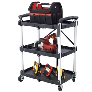 3 Layers Folding Collapsible Service Cart Pack-N-Roll Folding Collapsible Service Cart, Black, 50 Lb.Load Capacity per Shelf Organiser Racks Tool