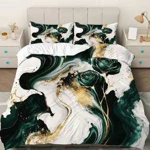 3PCS Duvet Cover Set, 1 Duvet+2 Pillowcases(Without filler), Green Gold Marble Rose Elegant Modern Luxury theme, Christmas bedding set, Artistic Floral Pattern Suitable for decoration Bedroom, Guest Room, Hotel, Vacation Home.
