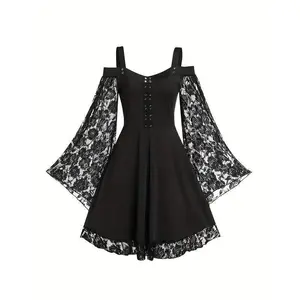 Elegant Gothic Bell Sleeve Dress with Floral Lace Detailing, Black A-Line Mini Dress for Women - Off-Shoulder Design, Polyester, Machine Washable