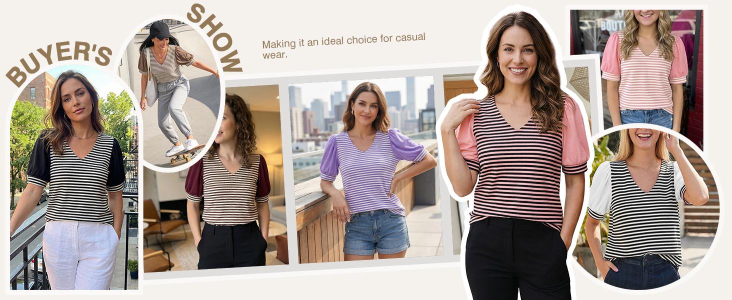 Tankaneo Womens Puff Sleeve Striped Tshirts Summer Oversized Color Block V Neck Tops Trendy Casual Loose Blouse Shirts Womenswear Tankaneo Womens Puff Sleeve Striped Tshirts Summer Oversized Color Block V Neck Tops Trendy Casual Loose Blouse Shirts Womenswear